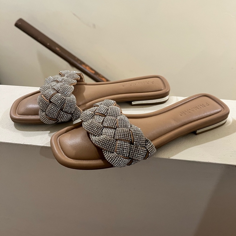 Tan and Silver Rhinestones Sandals Slide